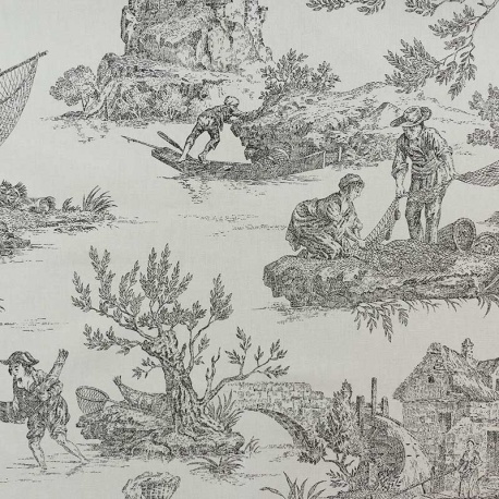 Tissu Toile de Jouy Demi Natte Grande Largeur Noir