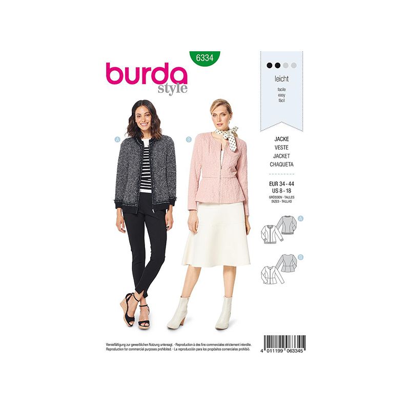 Patron Burda Style 6334 Veste pour Femmes de 36 à 46