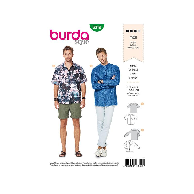 Patron Burda Style 6349 Chemise Hommes de 48 à 62