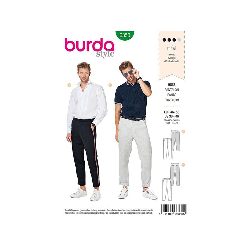 Patron Burda Style 6350 Pantalon pour Hommes de 48 à 48