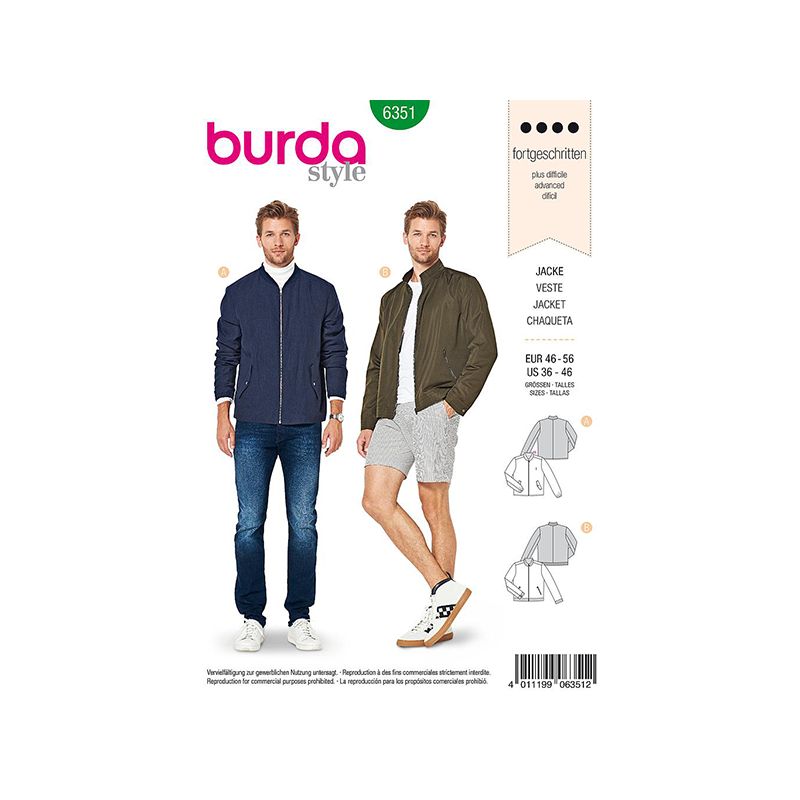 Patron Burda Style 6351 Veste pour Hommes de 48 à 58