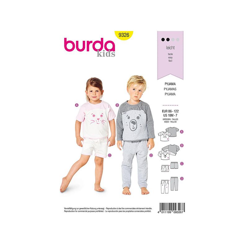 Patron Burda Style 9326 Pyjama pour Enfants de 18 mois à 7 ans