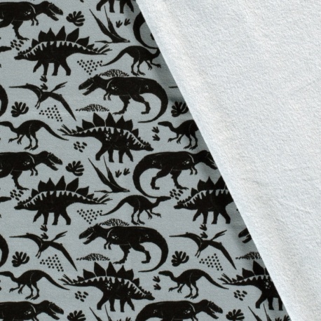 Tissu Polaire Imprimé Dinosaures Bleu Acier 