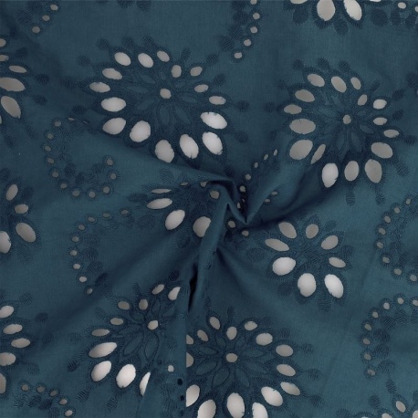 Tissu Broderie Anglaise Flower Bleu Canard 