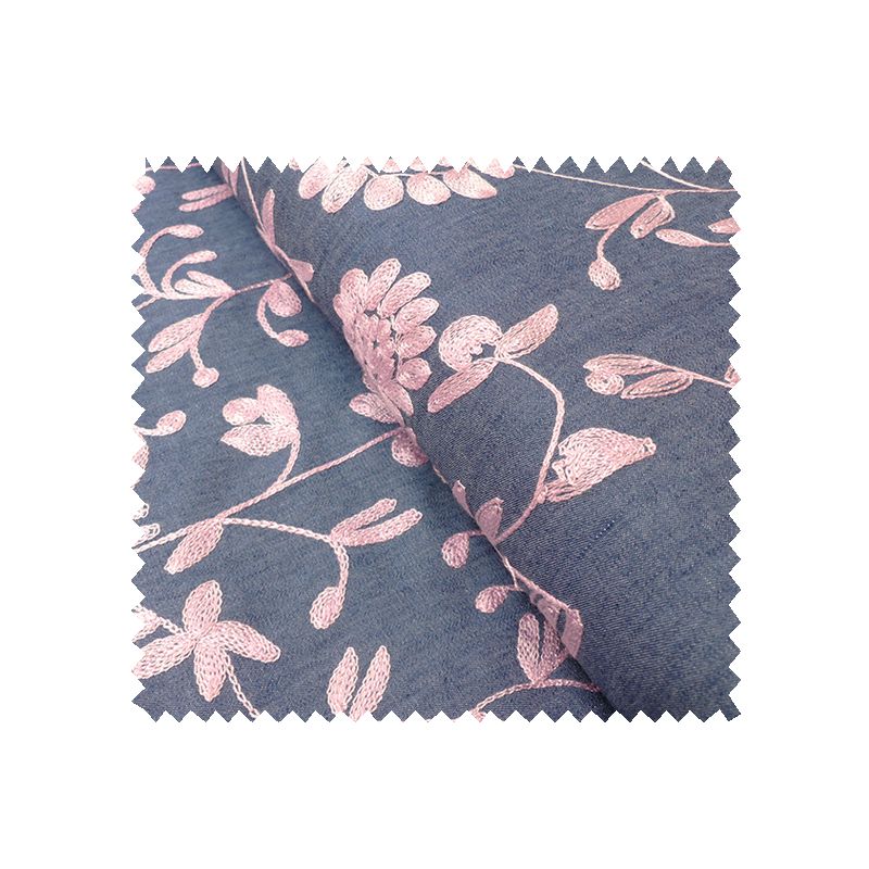 Tissu Chambray Brode rose