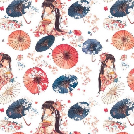 Tissu Imprimé Japan Ombrelle Blanc 