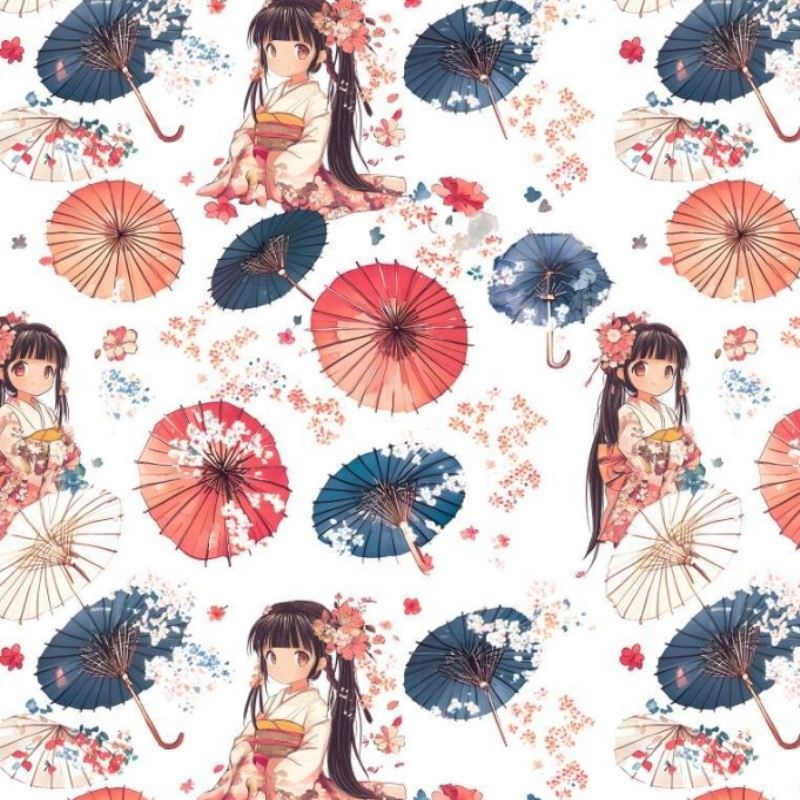 Tissu Imprimé Japan Ombrelle Blanc 