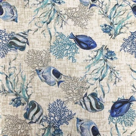 Tissu Imprimé Gupi Poissons et Corrail Bleu