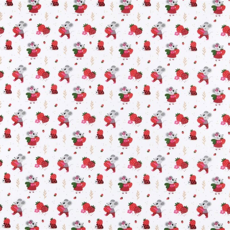 Tissu Imprimé Ninette Souris Fraise Blanc 