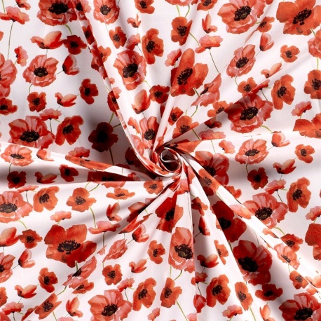 Tissu Popeline Imprimé Digital Coquelicot Rouge Fond blanc 