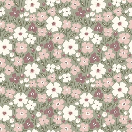 Tissu Popeline Imprimé Digital Fleurs Vert Olive