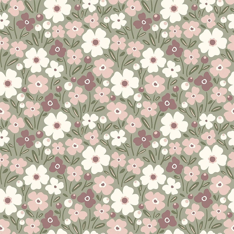 Tissu Popeline Imprimé Digital Fleurs Vert Olive