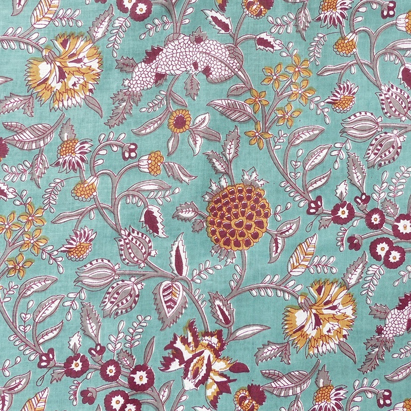 Tissu Blockprint Impression Tampons Mains Fleur Fond Bleu