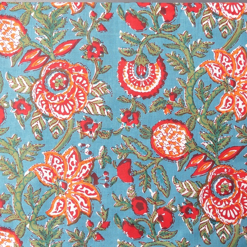 Tissu Blockprint Impression Tampons Mains Floral Fond vert