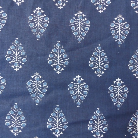 Tissu Blockprint Impression Tampons Mains Feuille Fond Bleu