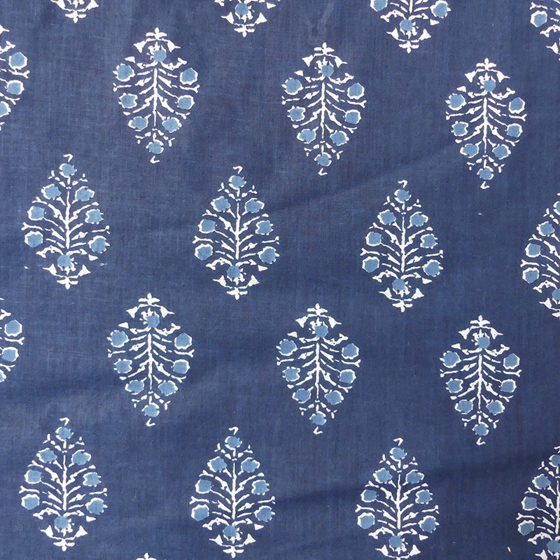 Tissu Blockprint Impression Tampons Mains Feuille Fond Bleu