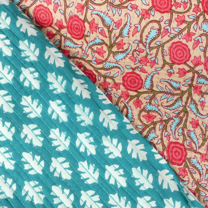 Tissu Blockprint Imprimé Tampons Mains Matelassé Double Face Rose