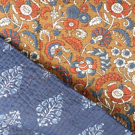 Tissu blockprint Imprimé Tampons Mains Matelassé Double Face  Fleur Fond Caramel