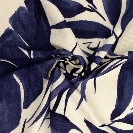 Tissu Viscose Imprimé Feuille Bleu