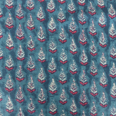 Tissu Blockprint Impression Tampons Mains Feuille Fond Bleu