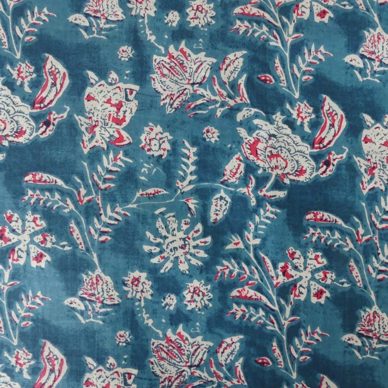 Tissu Blockprint Impression Tampons Mains Fleur Fond Bleu