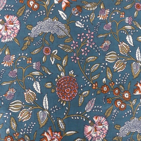 Tissu Blockprint Impression Tampons Mains Fleur Fond Bleu