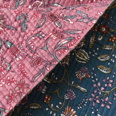 Tissu Blockprint Imprimé Tampons Mains Matelassé Double Face Rose Bleu