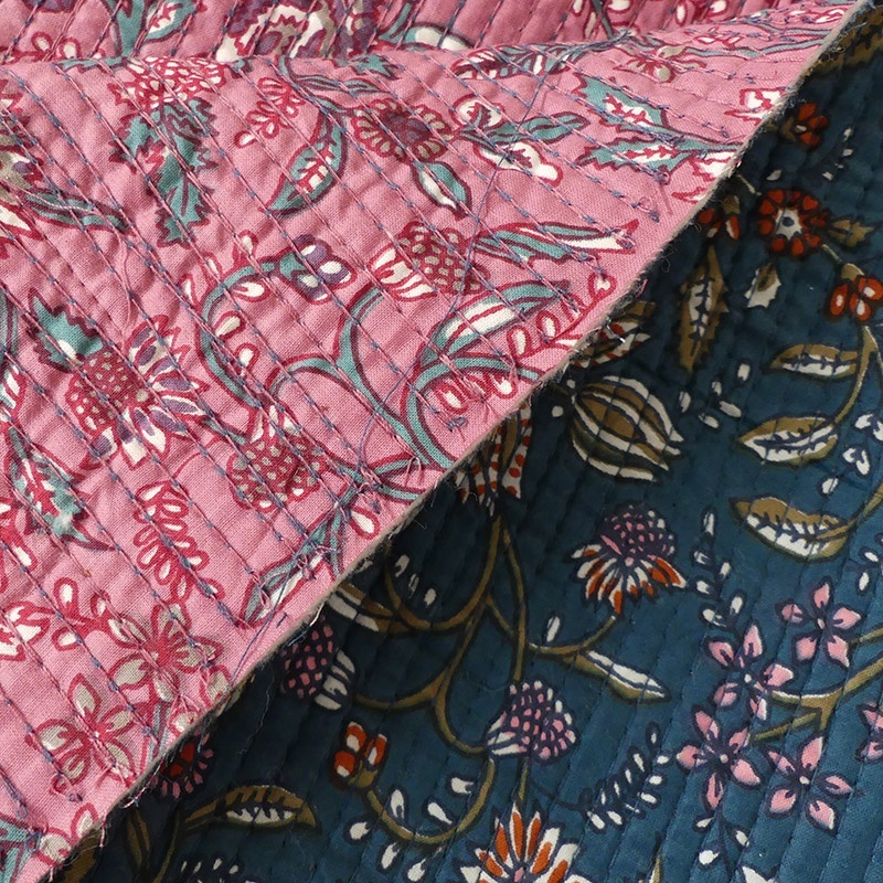 Tissu Blockprint Imprimé Tampons Mains Matelassé Double Face Rose Bleu