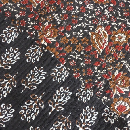 Tissu Blockprint Imprimé Tampons Mains Matelassé Double Marron Noir