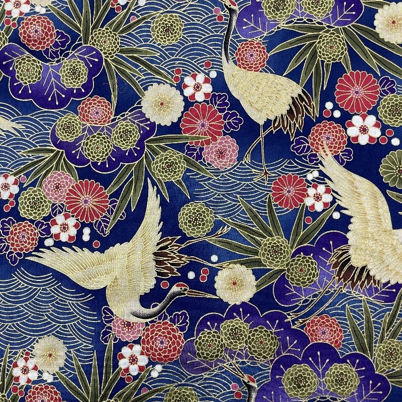 Tissu Coton Imprimé Misaki Bleu Foil