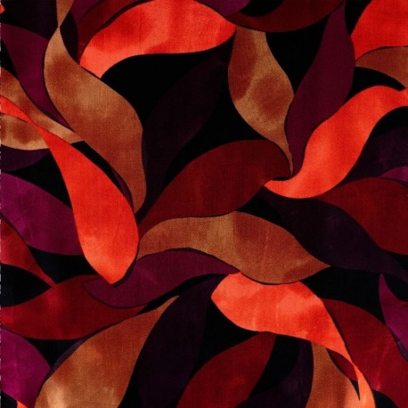 Tissu Satin de Viscose Imprimé Feuilles Rouge orange 