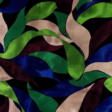 Tissu Satin de Viscose Imprimé Feuilles Vert bleu Roi 