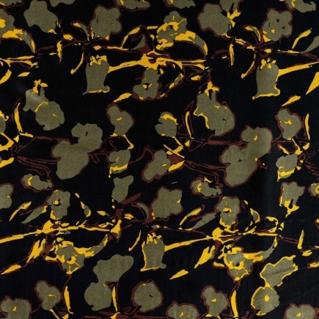 Tissu Satin de Viscose Imprimé Fleurs Kaki 