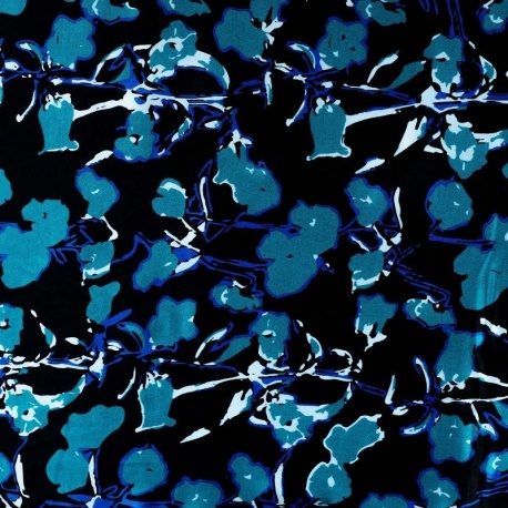 Tissu Satin de Viscose Imprimé Fleurs Bleu 