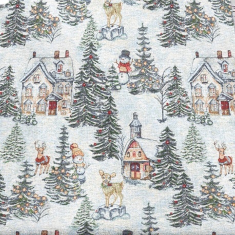 Tissu Jacquard Kiruna  Sapin et maison Lurex Argent