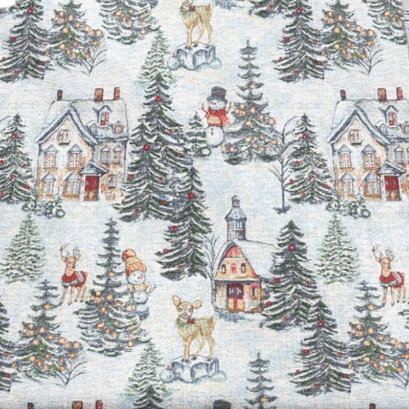 Tissu Jacquard Kiruna  Sapin et maison Lurex Argent