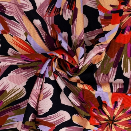 Tissu Viscose Impression Digitale Floral Multicolore Fond Noir
