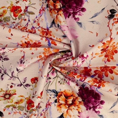 Tissu Popeline de Coton Impression Digitale Floral Orangé
