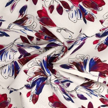 Tissu Popeline de Coton Impression Digitale Floral Bleu et Violine