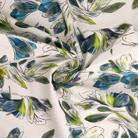 Tissu Popeline de Coton Impression Digitale Floral Bleu et Vert