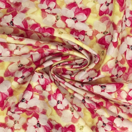 Tissu Popeline de Coton Impression Digitale Floral Rose et Jaune