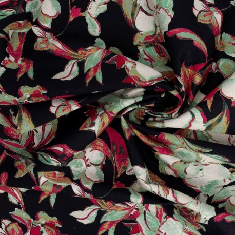 Tissu Popeline de Coton Impression Digitale Floral Fond Noir