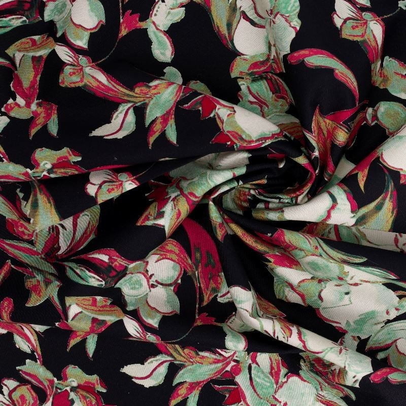 Tissu Popeline de Coton Impression Digitale Floral Fond Noir