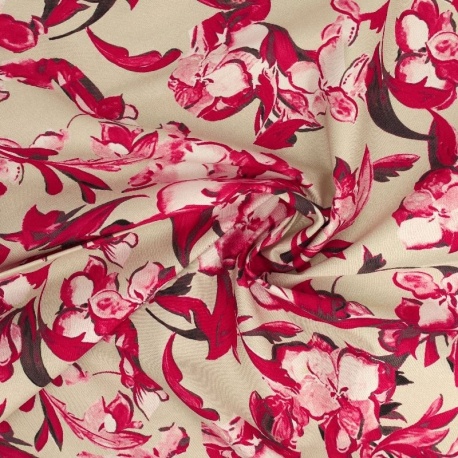 Tissu Popeline de Coton Impression Digitale Floral Fond Beige