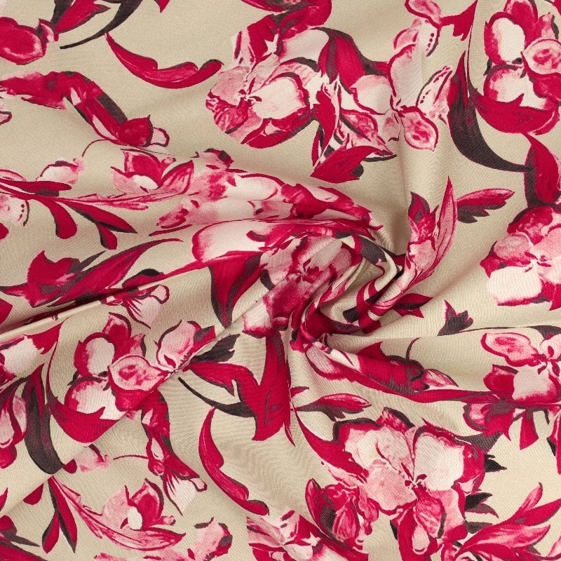 Tissu Popeline de Coton Impression Digitale Floral Fond Beige