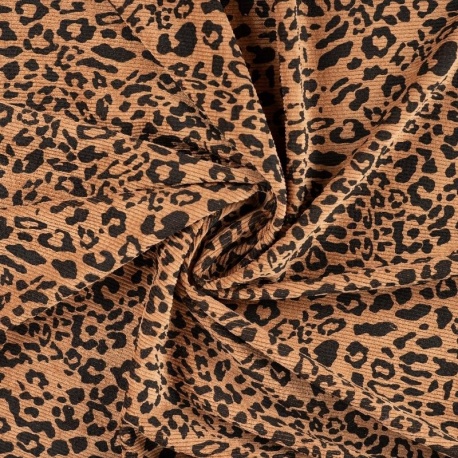 Tissu Velours Côtelé Imprimé Léopard Camel 