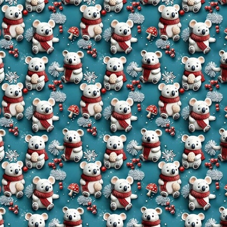 Tissu Cretonne Koala Givré Effet 3d Bleu