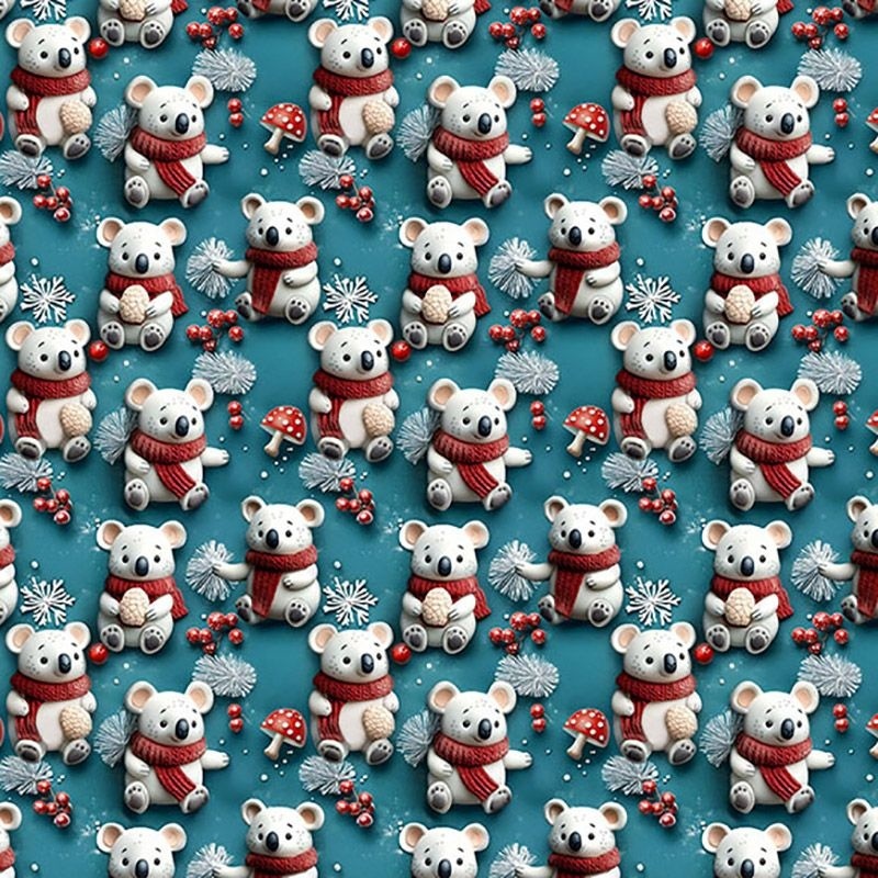 Tissu Cretonne Noël Koala Givré Effet 3d Bleu