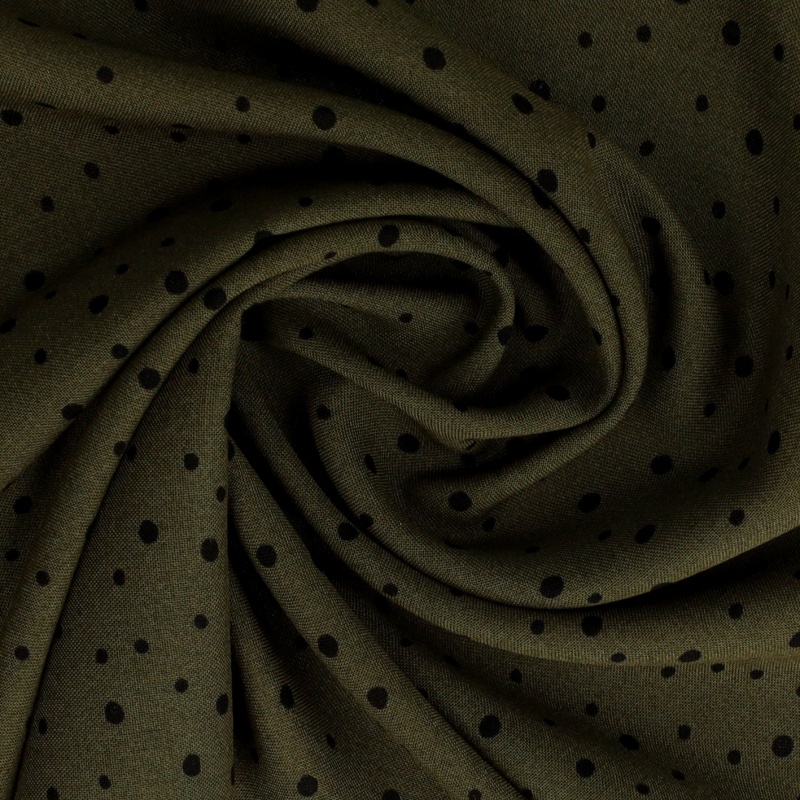 Tissu Viscose Imprimée Fond Kaki Pois Noir