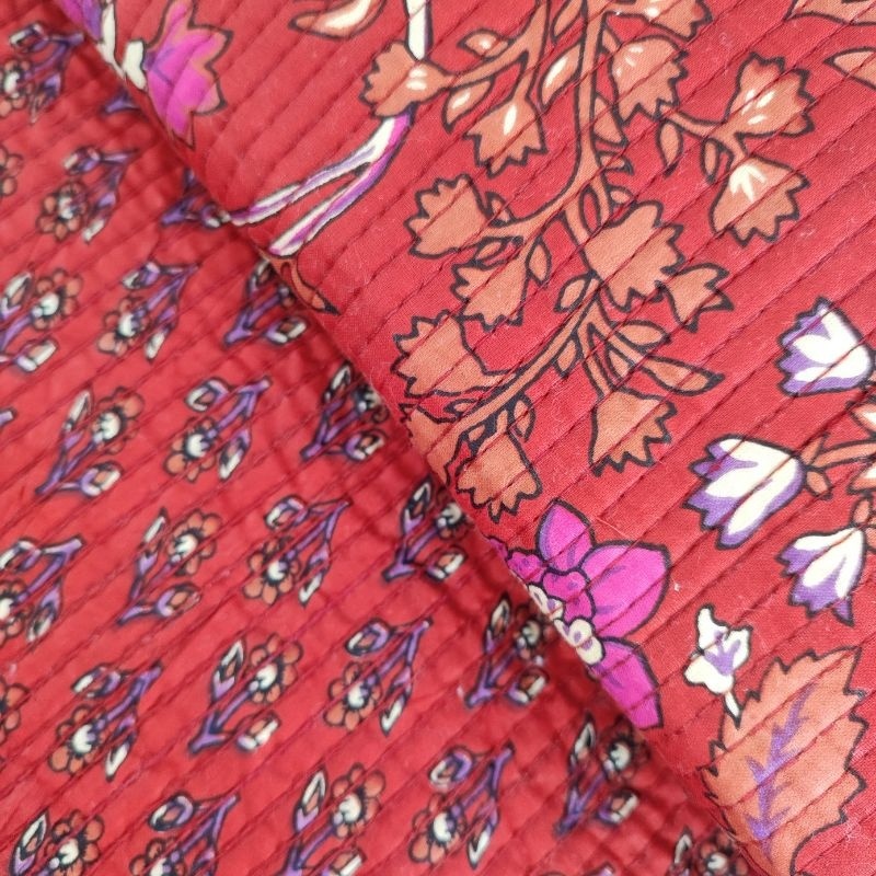 Tissu Blockprint Imprimé Tampons Mains Matelassé Double Face Rouge